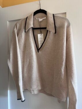 NWT Veronica Beard Cream Polo V-Neck Cashmere Sweater with Dark Brown Trim